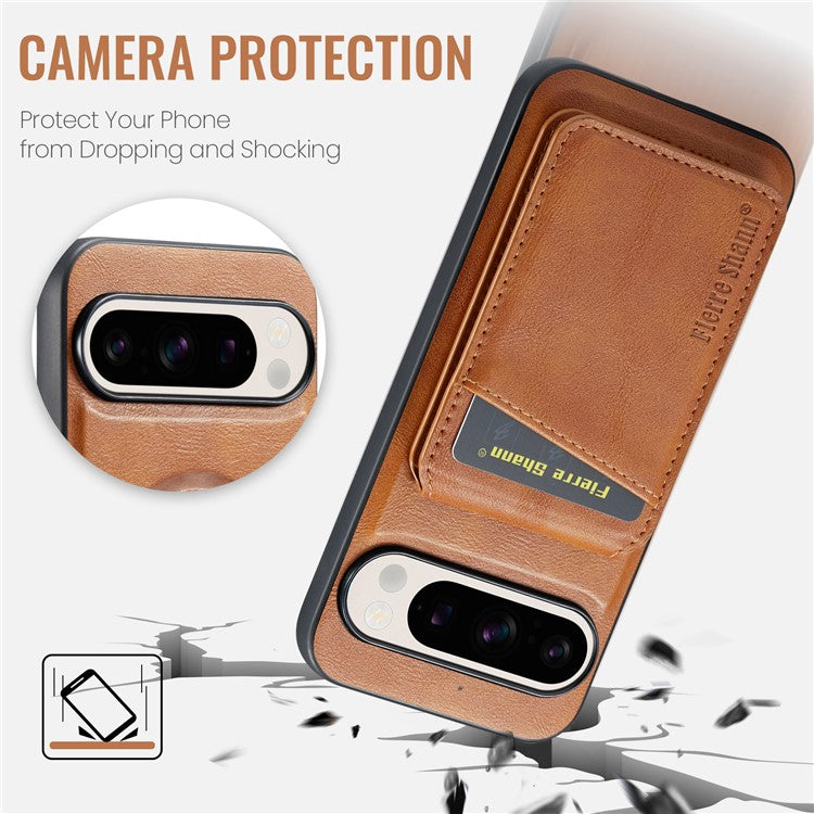 FIERRE SHANN 025 Style For Google Pixel 9 Pro / Pixel 9 Case Card Holder PU+TPU Kickstand Phone Cover - Brown