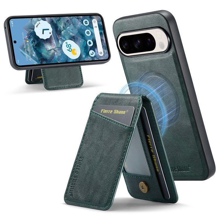 FIERRE SHANN 025 Style For Google Pixel 9 Pro / Pixel 9 Case Card Holder PU+TPU Kickstand Phone Cover - Green