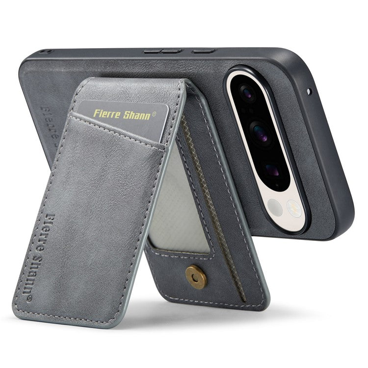 FIERRE SHANN 025 Style For Google Pixel 9 Pro / Pixel 9 Case Card Holder PU+TPU Kickstand Phone Cover - Grey