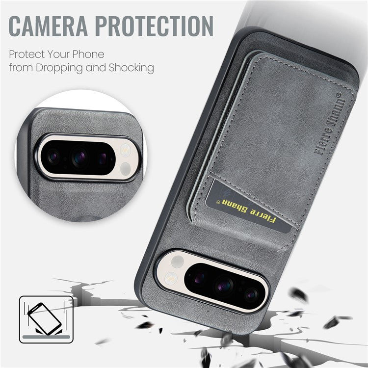 FIERRE SHANN 025 Style For Google Pixel 9 Pro / Pixel 9 Case Card Holder PU+TPU Kickstand Phone Cover - Grey