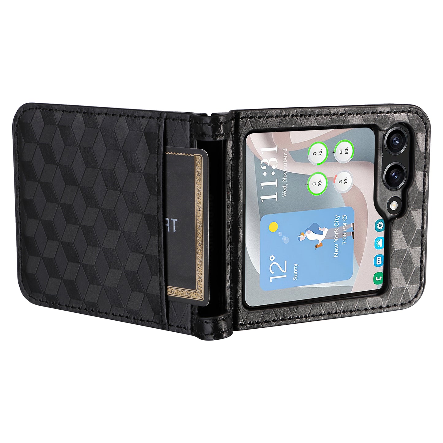 For Samsung Galaxy Z Flip6 5G Case PU Leather + PC Phone Cover Rhombus Card Slot - Black