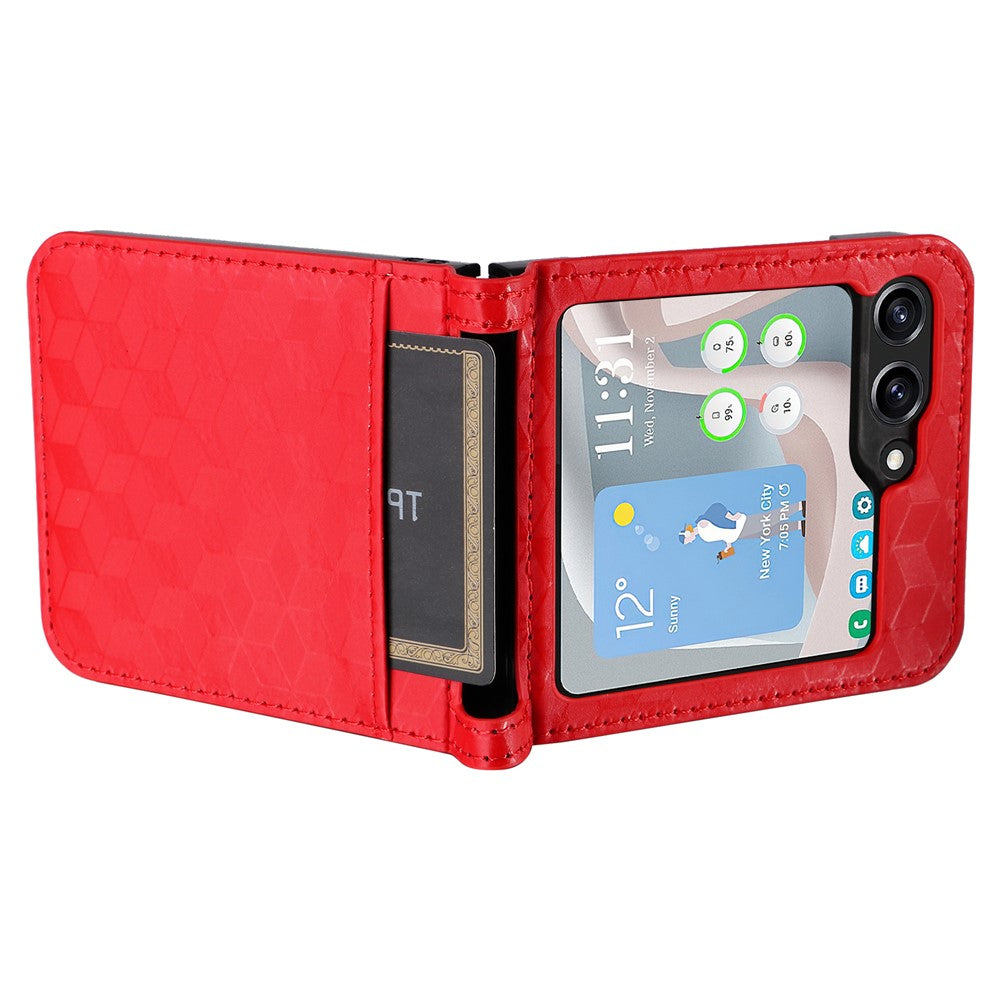 For Samsung Galaxy Z Flip7 FE 5G / Z Flip6 5G Case PU Leather + PC Phone Cover Rhombus Card Slot - Red