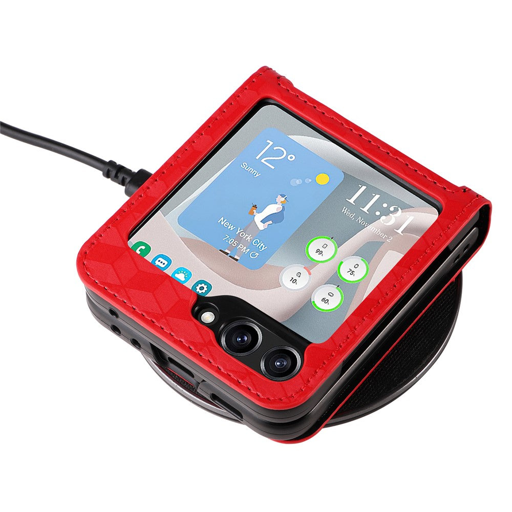 For Samsung Galaxy Z Flip7 FE 5G / Z Flip6 5G Case PU Leather + PC Phone Cover Rhombus Card Slot - Red
