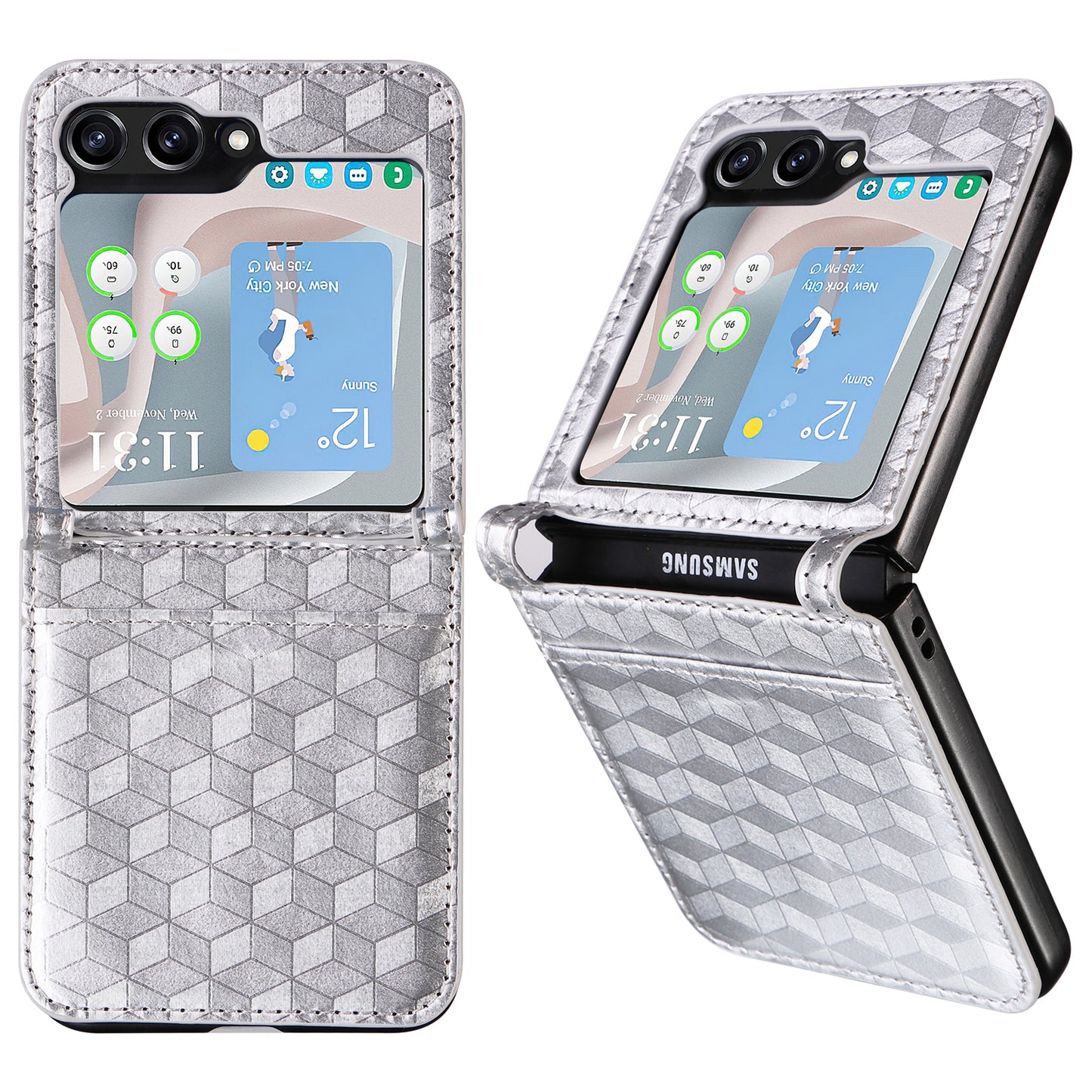 For Samsung Galaxy Z Flip6 5G Case PU Leather + PC Phone Cover Rhombus Card Slot - Silver