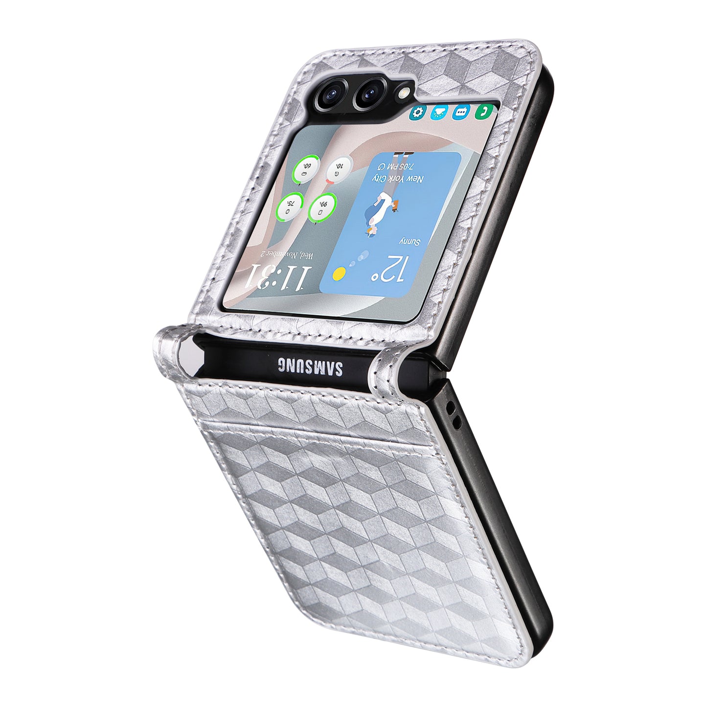 For Samsung Galaxy Z Flip6 5G Case PU Leather + PC Phone Cover Rhombus Card Slot - Silver