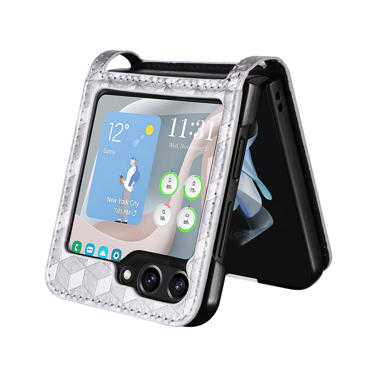 For Samsung Galaxy Z Flip6 5G Case PU Leather + PC Phone Cover Rhombus Card Slot - Silver