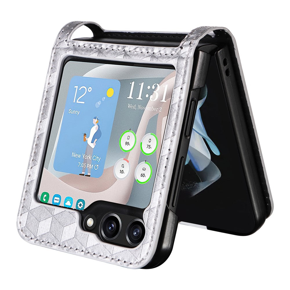 For Samsung Galaxy Z Flip7 FE 5G / Z Flip6 5G Case PU Leather + PC Phone Cover Rhombus Card Slot - Silver
