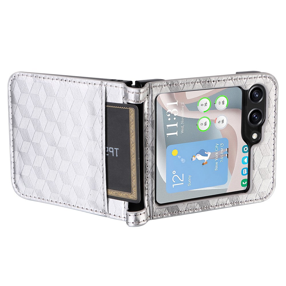 For Samsung Galaxy Z Flip7 FE 5G / Z Flip6 5G Case PU Leather + PC Phone Cover Rhombus Card Slot - Silver
