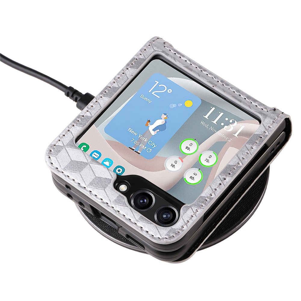 For Samsung Galaxy Z Flip7 FE 5G / Z Flip6 5G Case PU Leather + PC Phone Cover Rhombus Card Slot - Silver