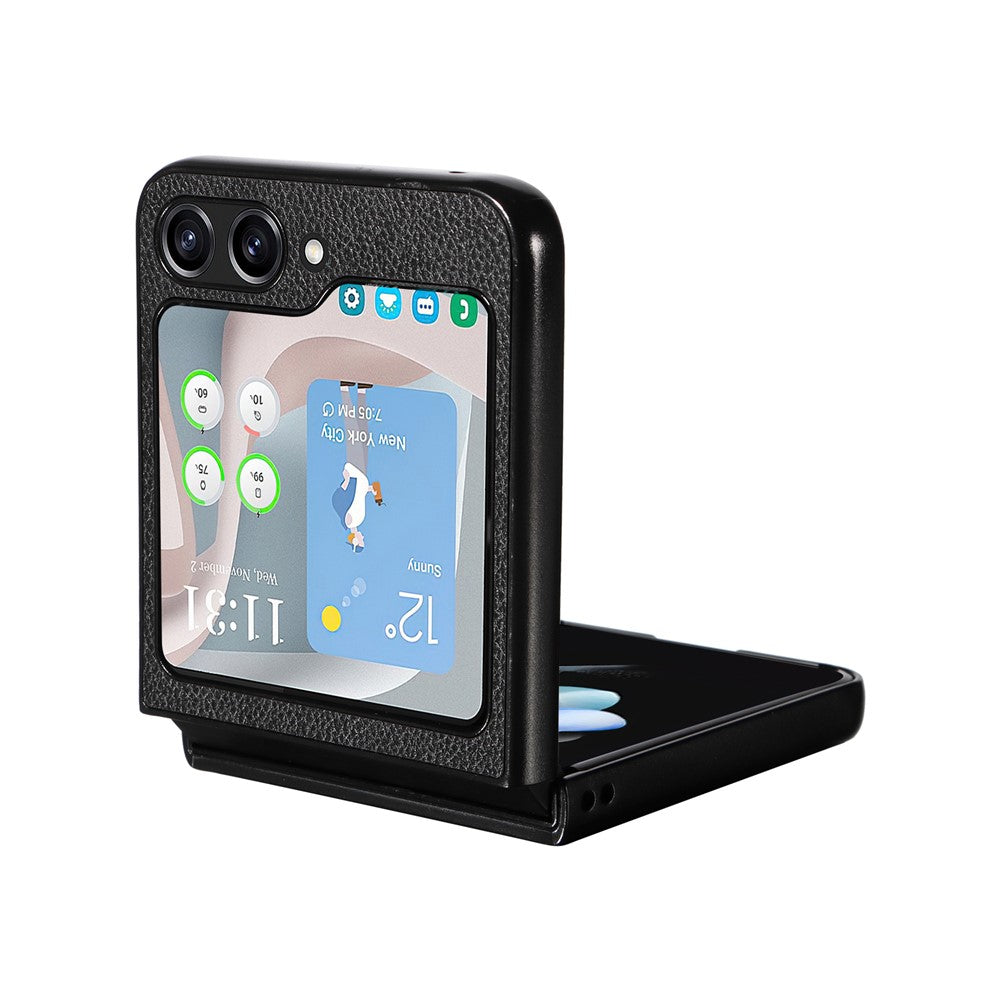 For Samsung Galaxy Z Flip7 FE 5G / Z Flip6 5G Case Litchi Texture Leather+Hard PC Phone Cover - Black