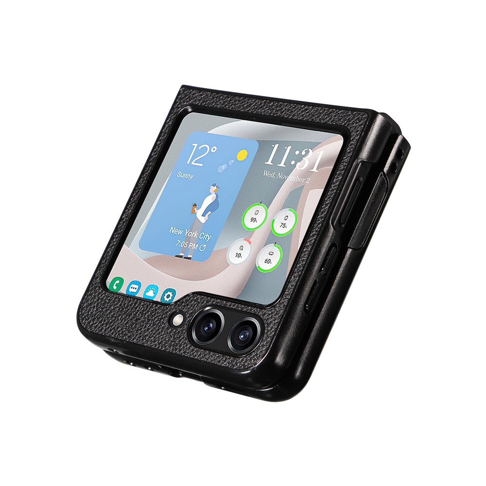For Samsung Galaxy Z Flip7 FE 5G / Z Flip6 5G Case Litchi Texture Leather+Hard PC Phone Cover - Black