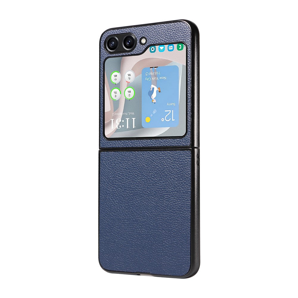 For Samsung Galaxy Z Flip7 FE 5G / Z Flip6 5G Case Litchi Texture Leather+Hard PC Phone Cover - Dark Blue