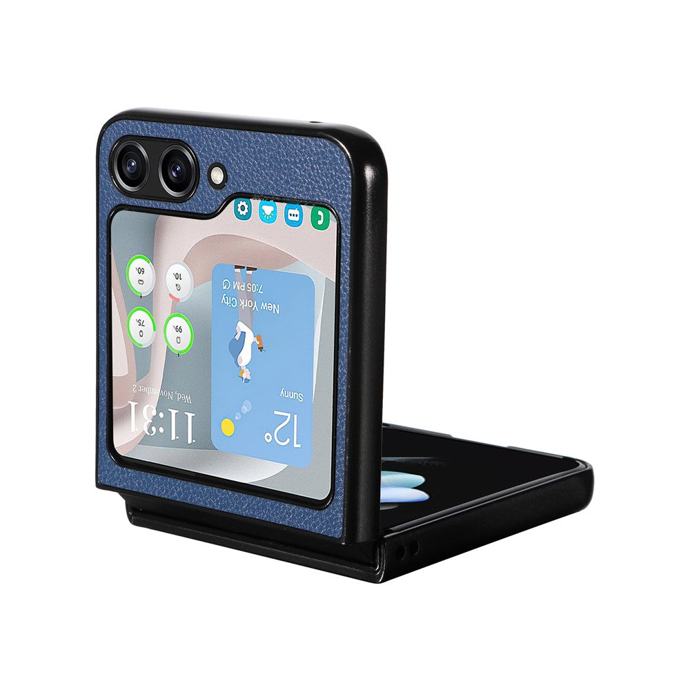 For Samsung Galaxy Z Flip7 FE 5G / Z Flip6 5G Case Litchi Texture Leather+Hard PC Phone Cover - Dark Blue