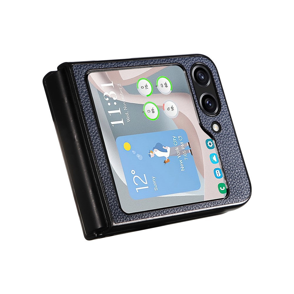 For Samsung Galaxy Z Flip7 FE 5G / Z Flip6 5G Case Litchi Texture Leather+Hard PC Phone Cover - Dark Blue