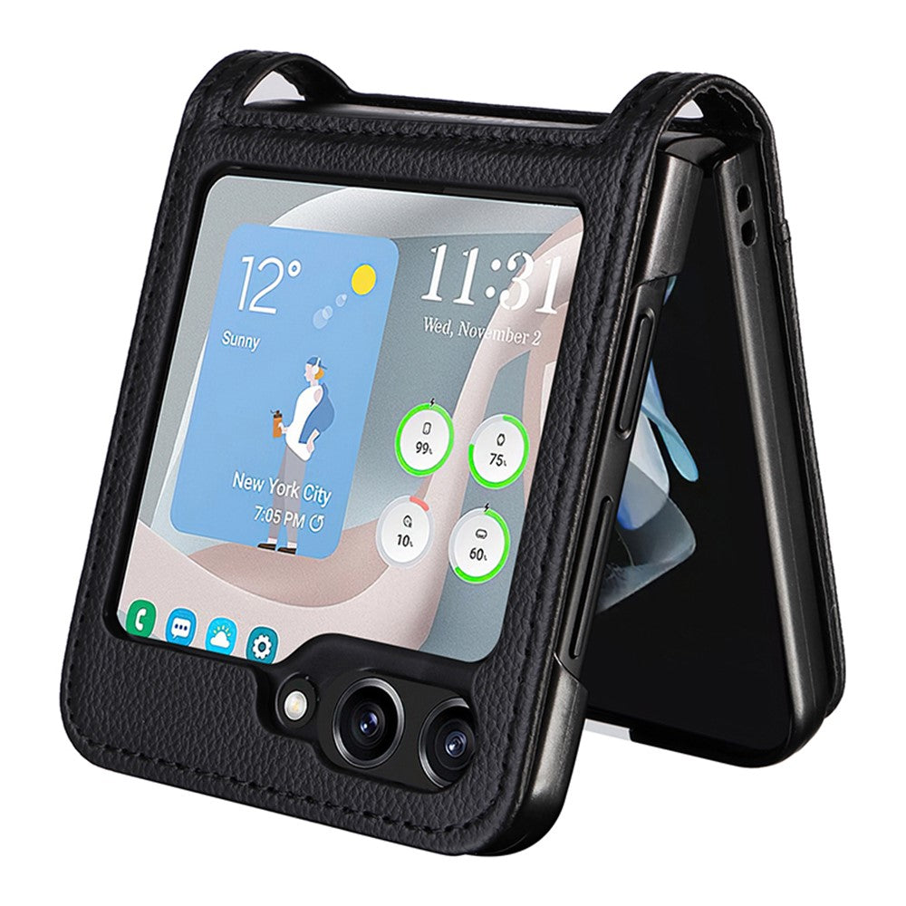For Samsung Galaxy Z Flip7 FE 5G / Z Flip6 5G Case Litchi Texture PU Leather + PC Card Slot Phone Cover - Black