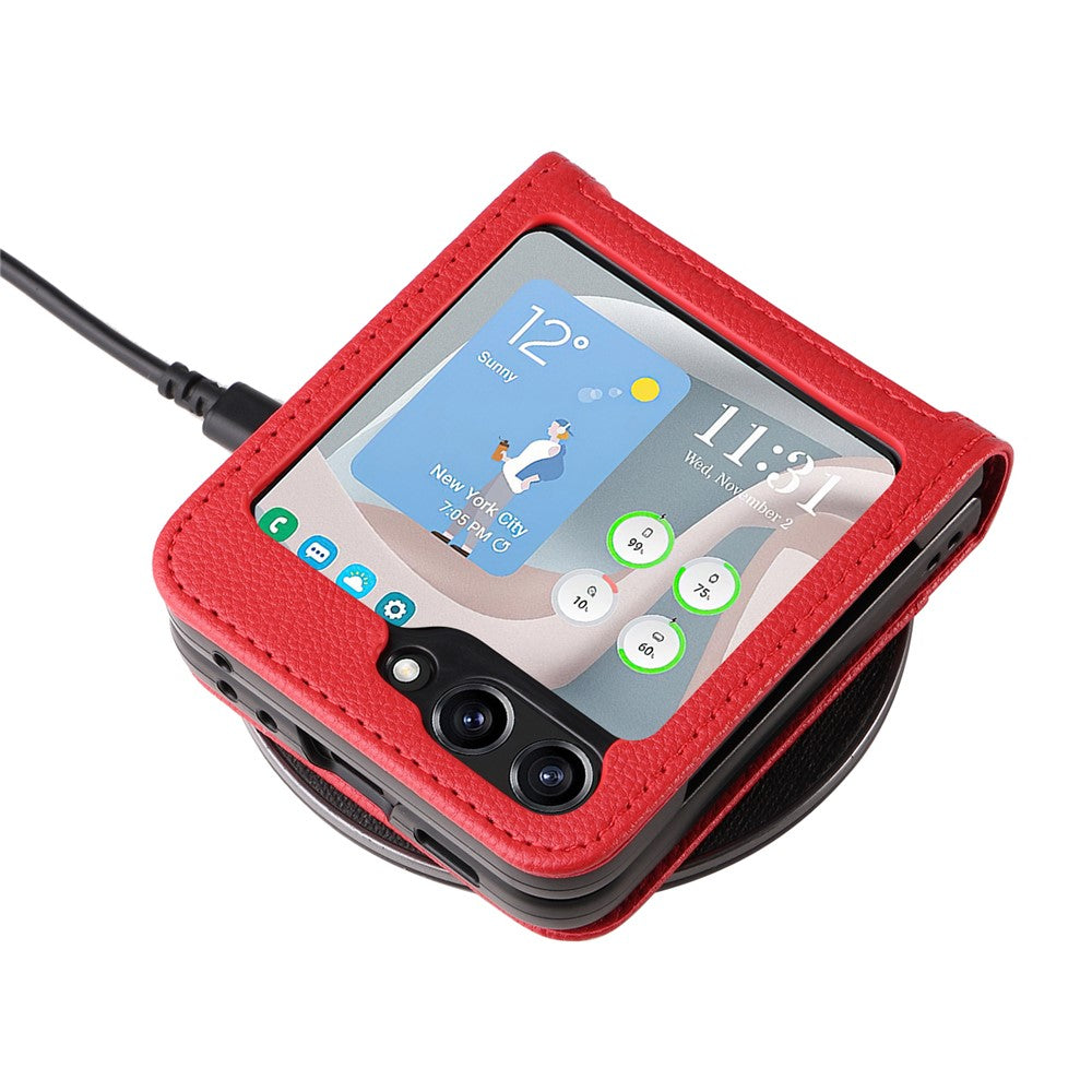 For Samsung Galaxy Z Flip7 FE 5G / Z Flip6 5G Case Litchi Texture PU Leather + PC Card Slot Phone Cover - Red