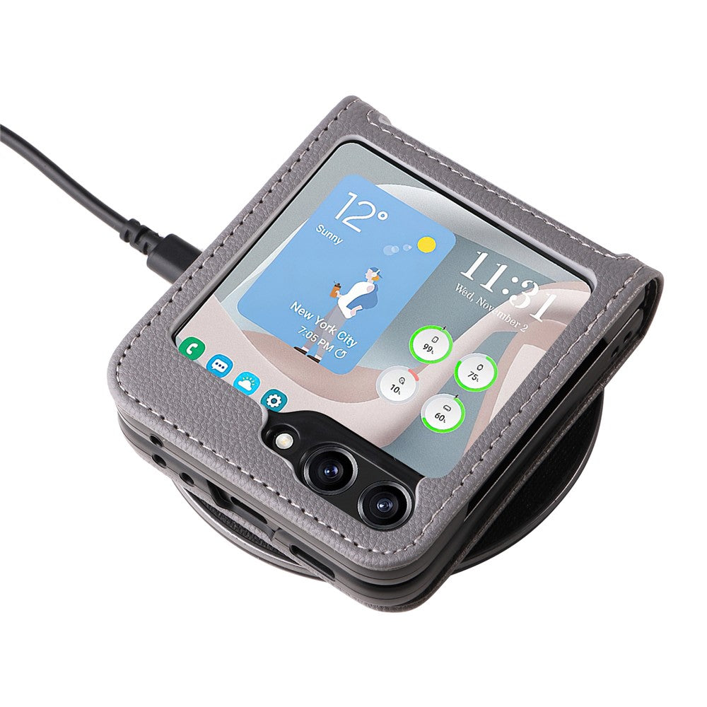 For Samsung Galaxy Z Flip7 FE 5G / Z Flip6 5G Case Litchi Texture PU Leather + PC Card Slot Phone Cover - Grey