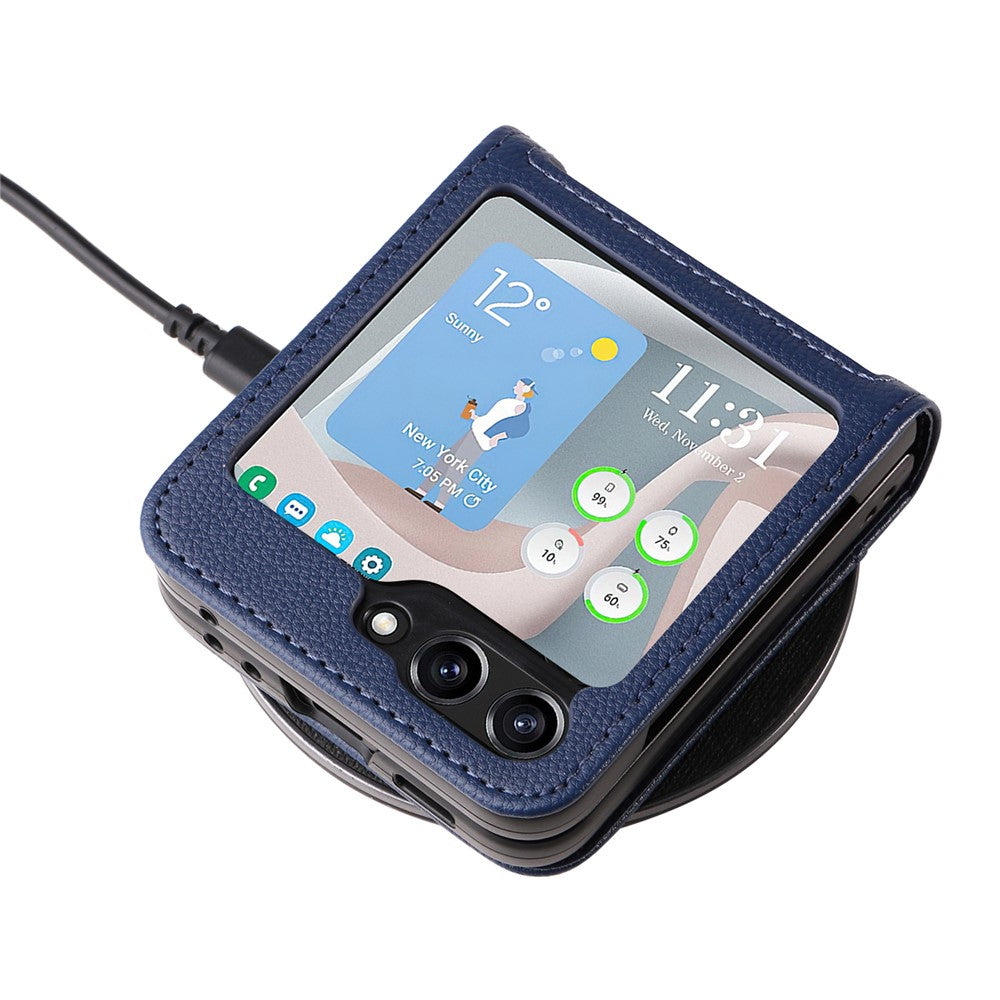 For Samsung Galaxy Z Flip7 FE 5G / Z Flip6 5G Case Litchi Texture PU Leather + PC Card Slot Phone Cover - Dark Blue