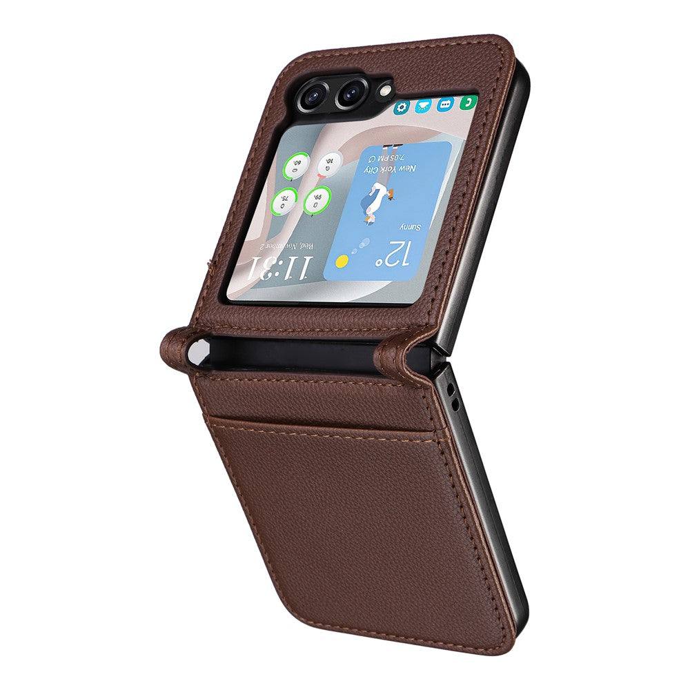 For Samsung Galaxy Z Flip7 FE 5G / Z Flip6 5G Case Litchi Texture PU Leather + PC Card Slot Phone Cover - Brown
