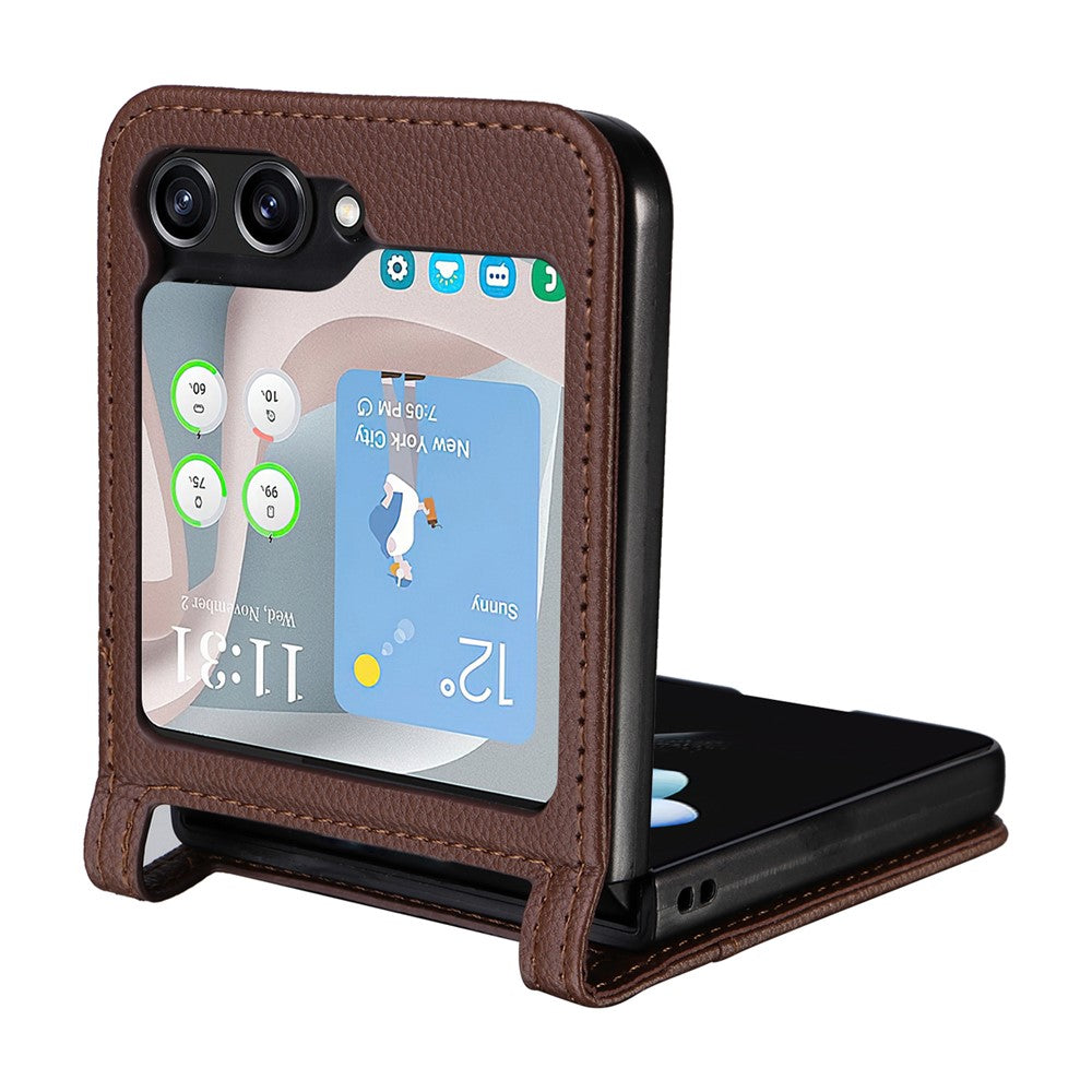For Samsung Galaxy Z Flip7 FE 5G / Z Flip6 5G Case Litchi Texture PU Leather + PC Card Slot Phone Cover - Brown
