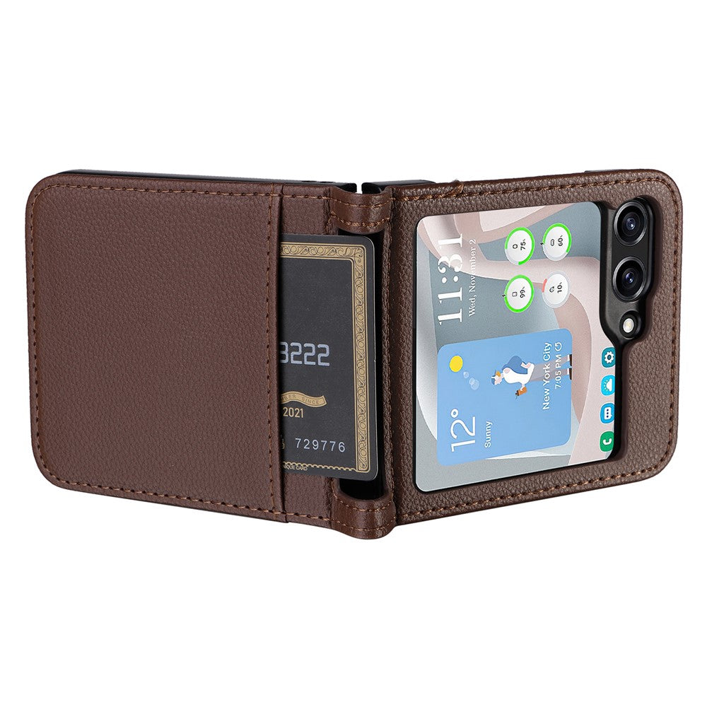 For Samsung Galaxy Z Flip7 FE 5G / Z Flip6 5G Case Litchi Texture PU Leather + PC Card Slot Phone Cover - Brown