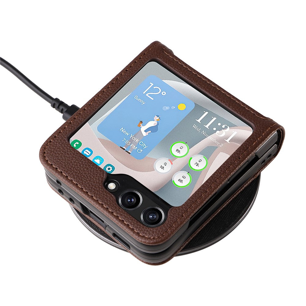 For Samsung Galaxy Z Flip7 FE 5G / Z Flip6 5G Case Litchi Texture PU Leather + PC Card Slot Phone Cover - Brown