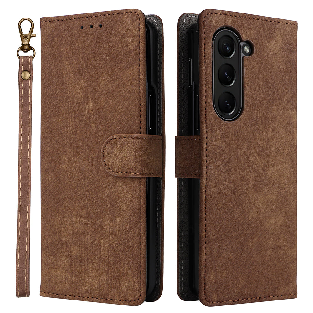 For Samsung Galaxy Z Fold6 5G Case RFID Blocking Leather Phone Cover Viewing Stand - Brown