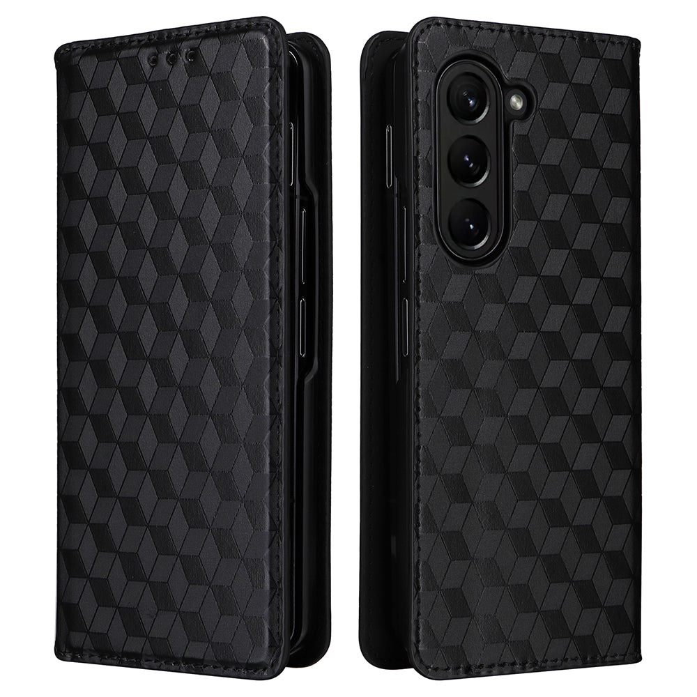 For Samsung Galaxy Z Fold6 5G Case Wallet PU Leather Phone Cover Rhombus Imprinted - Black