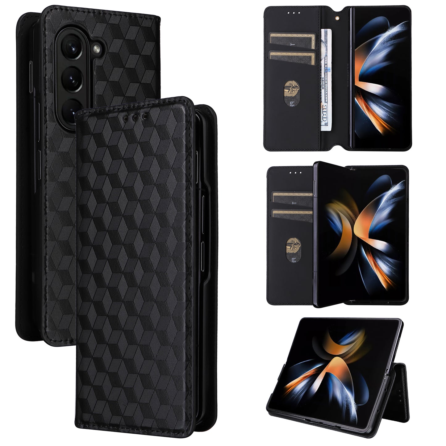 For Samsung Galaxy Z Fold6 5G Case Wallet PU Leather Phone Cover Rhombus Imprinted - Black