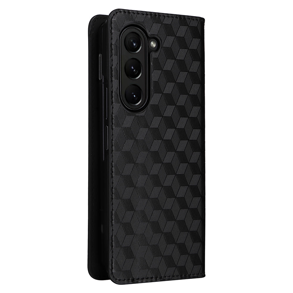 For Samsung Galaxy Z Fold6 5G Case Wallet PU Leather Phone Cover Rhombus Imprinted - Black