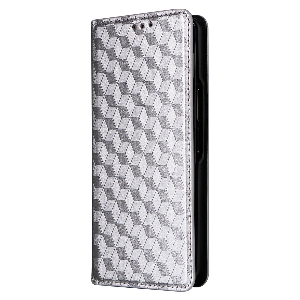 For Samsung Galaxy Z Fold6 5G Case Wallet PU Leather Phone Cover Rhombus Imprinted - Silver