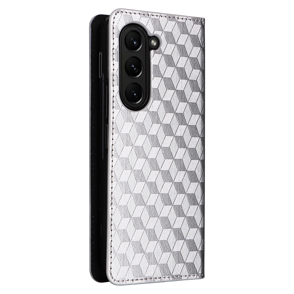 For Samsung Galaxy Z Fold6 5G Case Wallet PU Leather Phone Cover Rhombus Imprinted - Silver