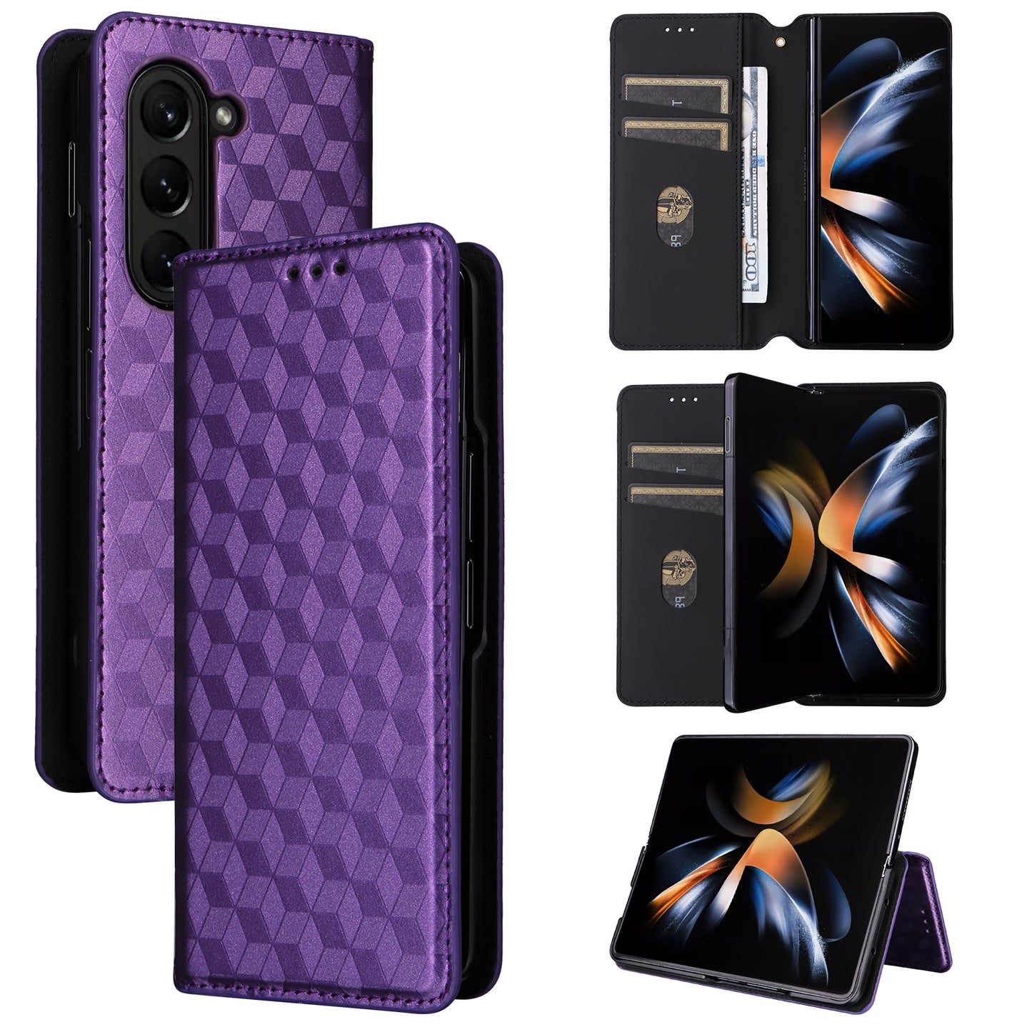 For Samsung Galaxy Z Fold6 5G Case Wallet PU Leather Phone Cover Rhombus Imprinted - Purple