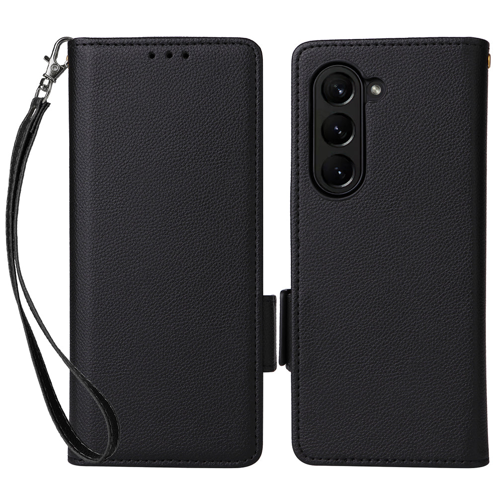 For Samsung Galaxy Z Fold6 5G Shockproof Case Litchi Texture Leather Phone Cover with Strap - Black
