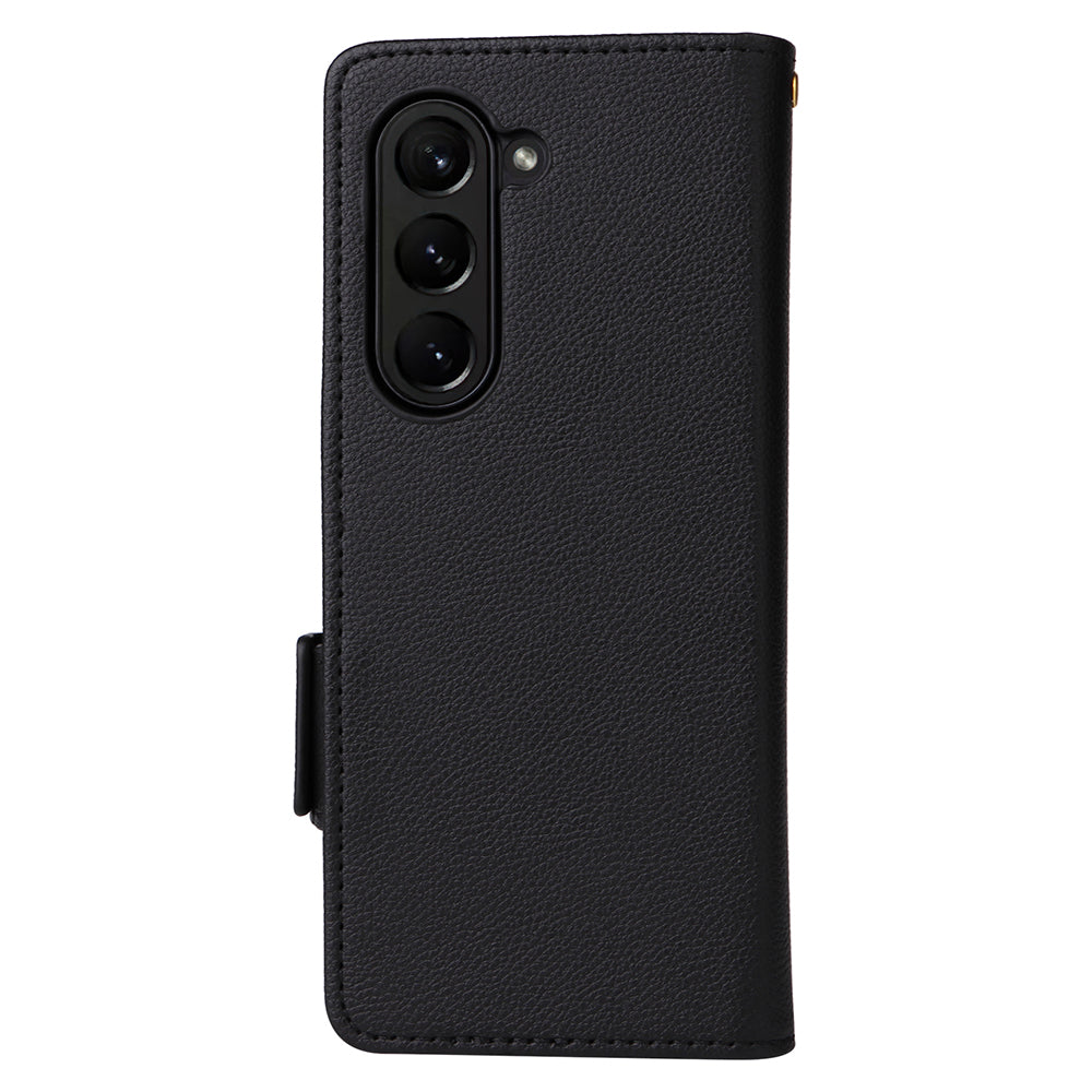 For Samsung Galaxy Z Fold6 5G Shockproof Case Litchi Texture Leather Phone Cover with Strap - Black