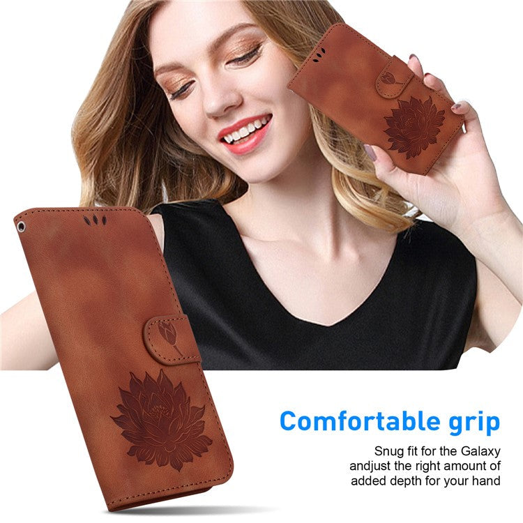 For Realme C67 4G Case Lotus Imprinted Leather Wallet Phone Cover - Brown
