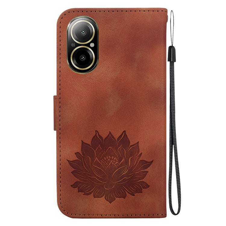 For Realme C67 4G Case Lotus Imprinted Leather Wallet Phone Cover - Brown