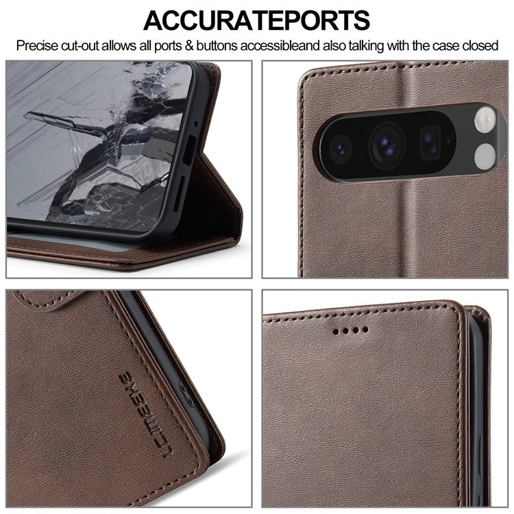 LC.IMEEKE For Google Pixel 9 Pro XL Case Calf Texture PU Leather Flip Phone Cover - Brown