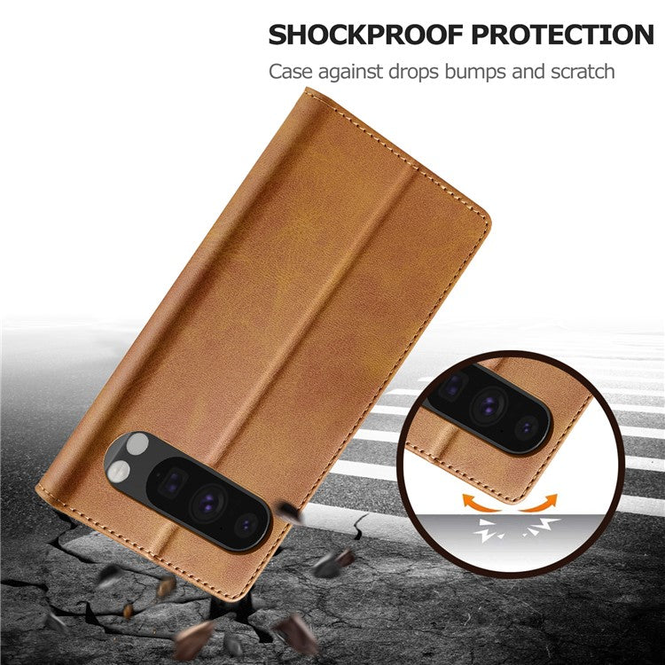 LC.IMEEKE For Google Pixel 9 / 9 Pro Case Magnetic Buckle Wallet Leather Phone Cover Calf Texture - Yellow