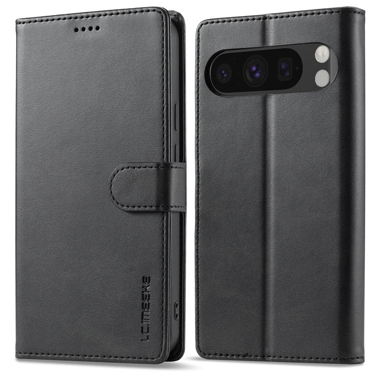 LC.IMEEKE For Google Pixel 9 / 9 Pro Case Magnetic Buckle Wallet Leather Phone Cover Calf Texture - Black