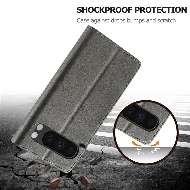 LC.IMEEKE For Google Pixel 9 / 9 Pro Case Magnetic Buckle Wallet Leather Phone Cover Calf Texture - Grey