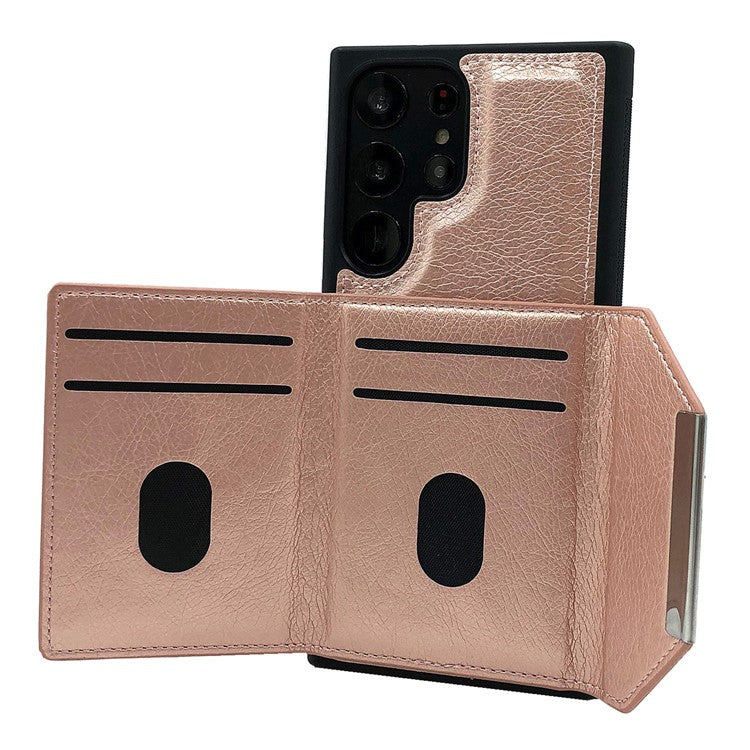For Samsung Galaxy S23 Ultra Case Leather+TPU Phone Cover with Detachable Card Bag - Rose Gold