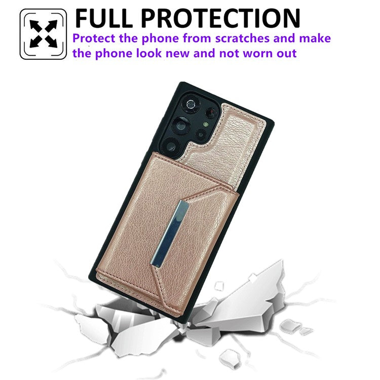 For Samsung Galaxy S23 Ultra Case Leather+TPU Phone Cover with Detachable Card Bag - Rose Gold