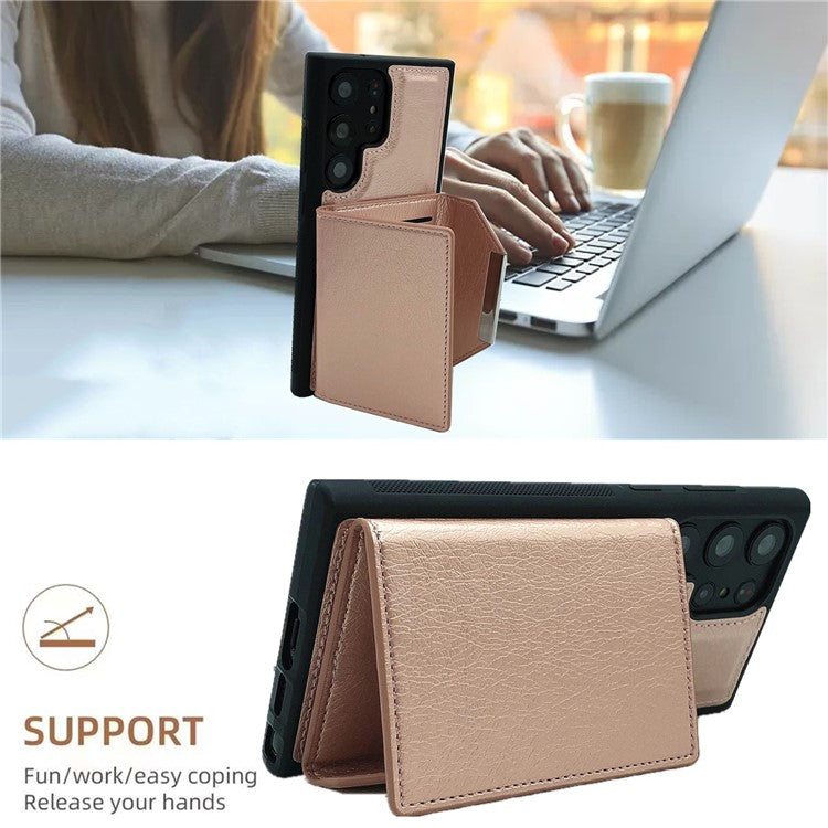 For Samsung Galaxy S23 Ultra Case Leather+TPU Phone Cover with Detachable Card Bag - Rose Gold