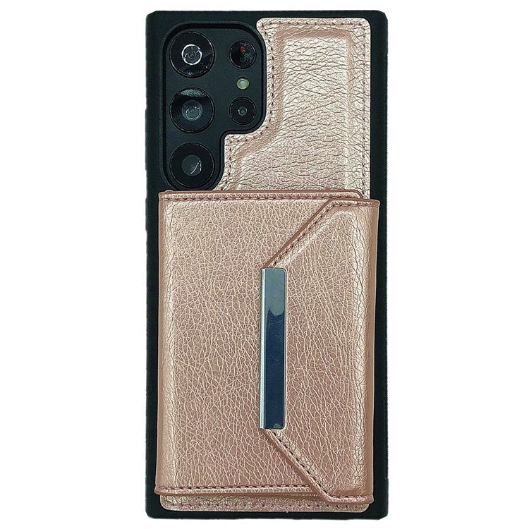 For Samsung Galaxy S23 Ultra Case Leather+TPU Phone Cover with Detachable Card Bag - Rose Gold