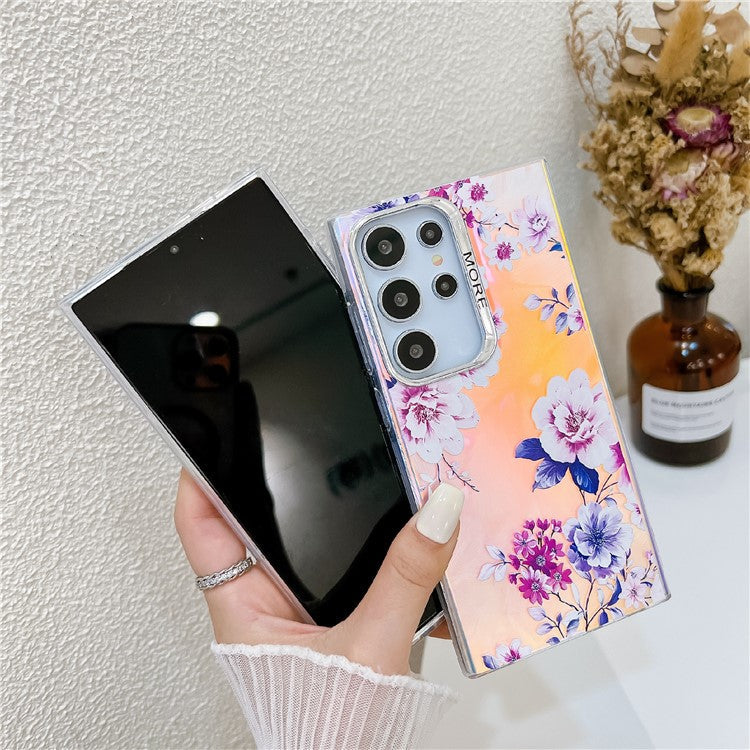 For Samsung Galaxy S22 Ultra 5G Slim Case Flower Pattern Electroplated Laser Effect Phone Cover - AH12