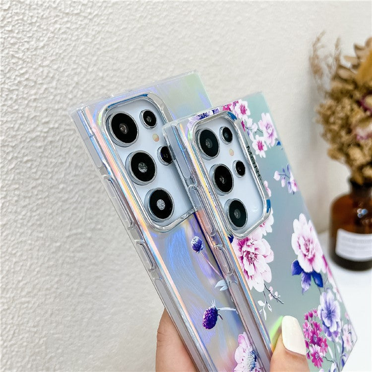 For Samsung Galaxy S22 Ultra 5G Slim Case Flower Pattern Electroplated Laser Effect Phone Cover - AH12