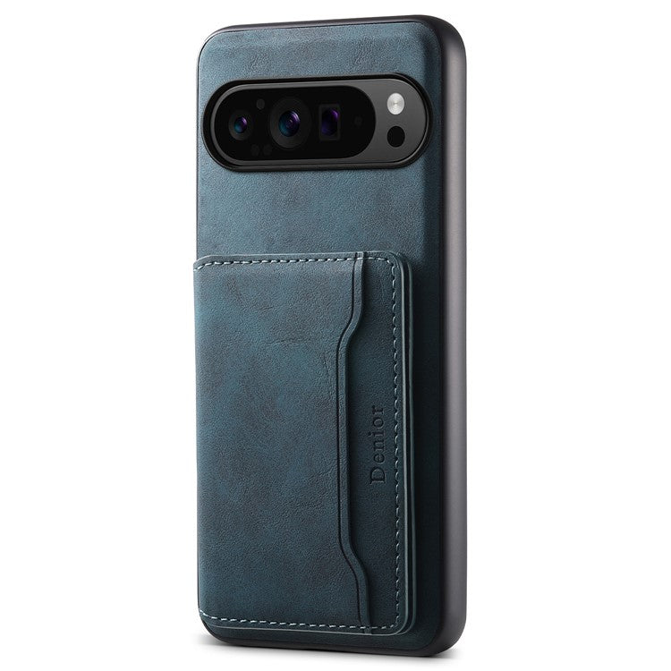 DENIOR D13 For Google Pixel 9 Pro / Pixel 9 Case Leather+PC+TPU Cover Phone Card Bag Kickstand - Blue