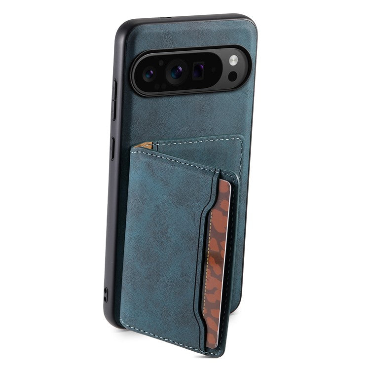 DENIOR D13 For Google Pixel 9 Pro / Pixel 9 Case Leather+PC+TPU Cover Phone Card Bag Kickstand - Blue