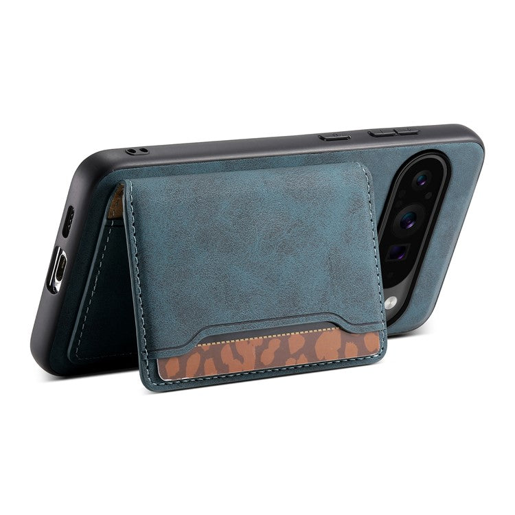 DENIOR D13 For Google Pixel 9 Pro / Pixel 9 Case Leather+PC+TPU Cover Phone Card Bag Kickstand - Blue